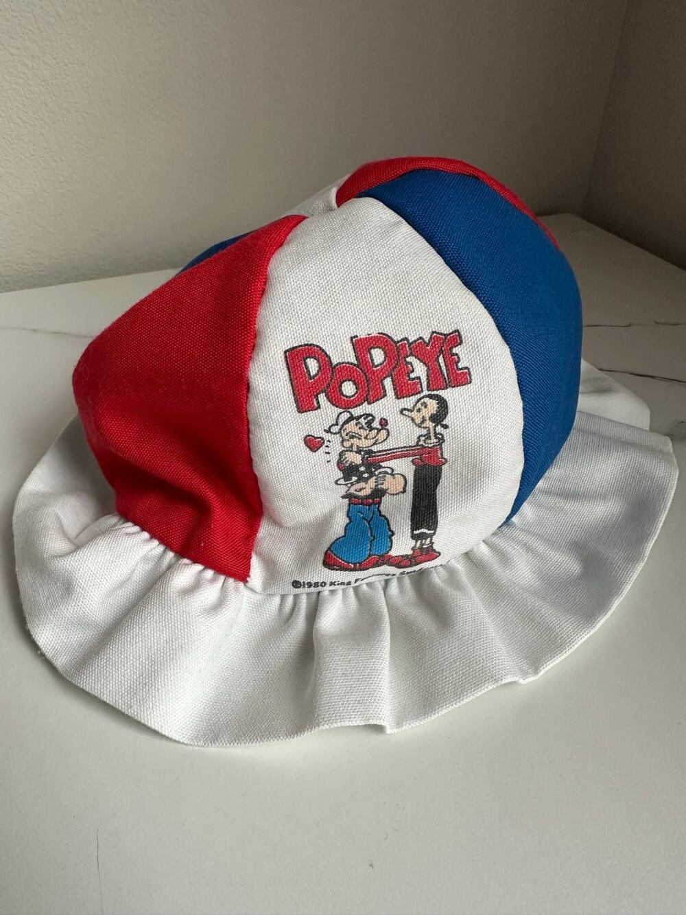 Vintage 1980 Popeye Baby Hat Red White Blue Ruffle Brim Cartoon Cap Baby Sun Hat